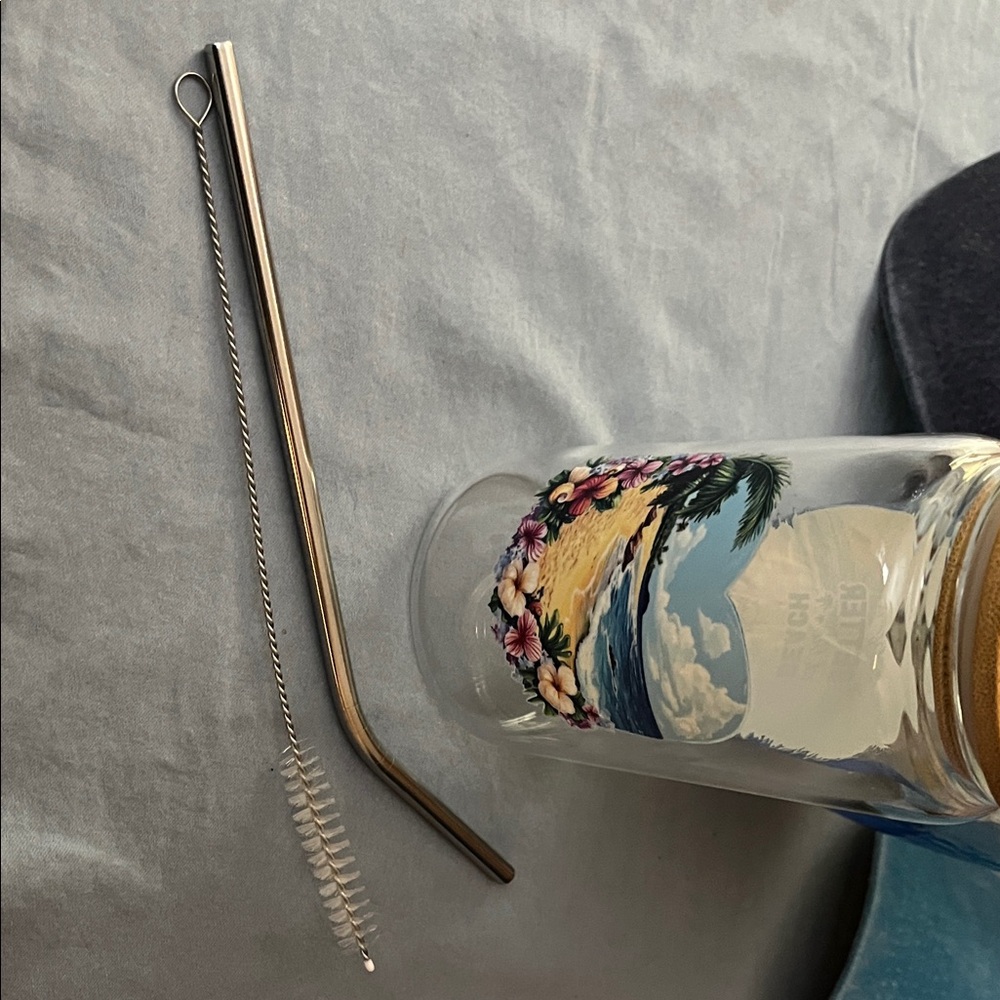Beach Themed “Better at the Beach” Glass Tumbler w/Bamboo Lid-Metal Straw-Brush - Picture 4 of 5